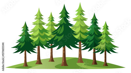 Vector illustration of group of green pine trees isolated on white background