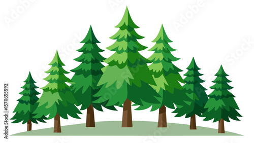 Vector illustration of a group of cartoon green pine trees isolated on white background