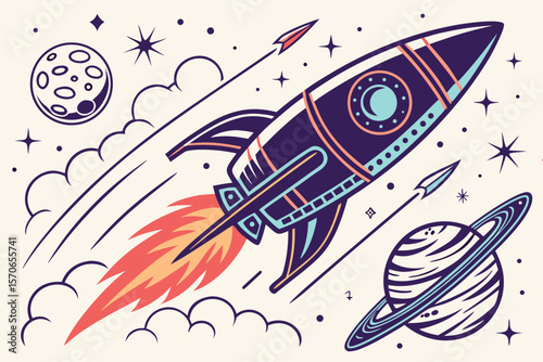 rocket ship, space theme, retro futuristic, vector illustration, vibrant colors, dynamic composition, striking visual, science fiction, futuristic technology, outer space adventure