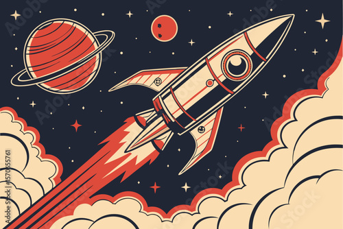 rocket ship, space theme, retro futuristic, vector illustration, vibrant colors, dynamic composition, striking visual, science fiction, futuristic technology, outer space adventure
