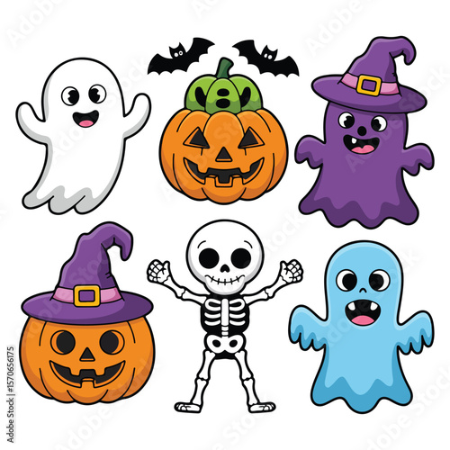 Cute Halloween Cartoon Vector Set with Ghosts, Pumpkins, Skeleton, and Bat