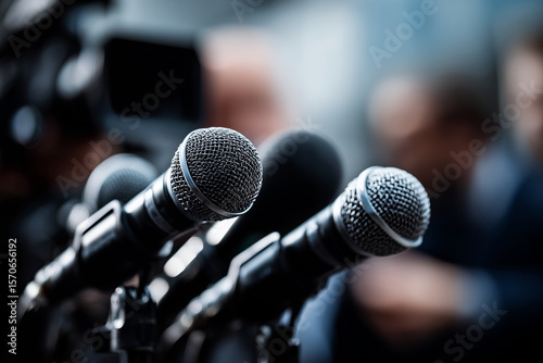 A cinematic realistic photo of multiple microphones held by journalists towards a speaker, labeled with real social media, dramatic lighting, dark color palette, no purple tones, r