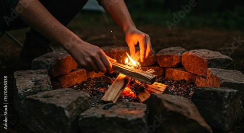 Hands lighting campfire with firewood at dusk