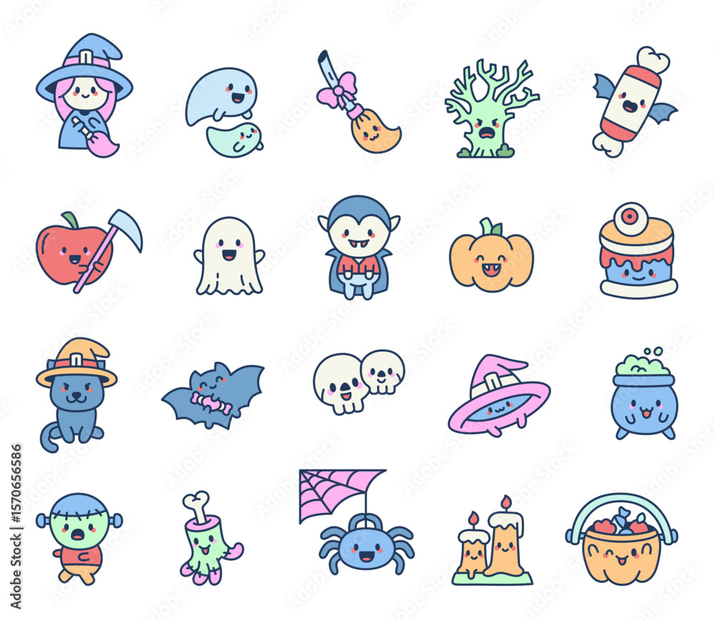 Fototapeta premium Halloween cute kawaii cartoon set with witch, vampire, ghost, pumpkin, monster, cat and candy for spooky themed illustration and seasonal holiday decoration design