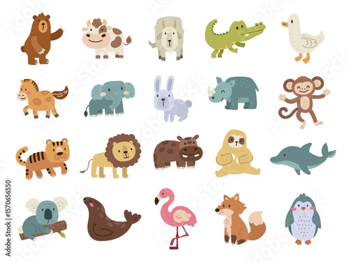 Animal character set in scandinavian style featuring charming and domestic creatures in forest, jungle farm and aquatic for your illustration and creative designs projects