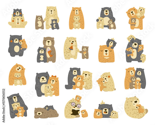 Cute bear family set in scandinavian style with hugging parents, playful cubs, sleeping moments, sweet food, crowns and reading time, for your illustration and creative designs projects