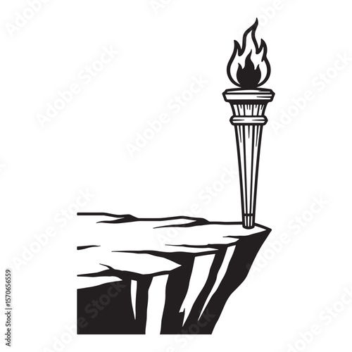 Black and white illustration of a burning torch on a cliff edge symbolizing guidance