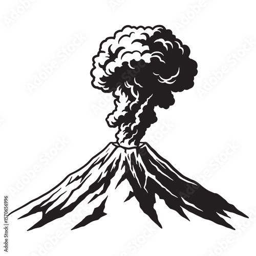 Black and white illustration of a volcanic eruption with smoke and lava cloud detail