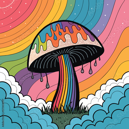 Rainbow Mushroom Bold Black Outline with Swirling Lines, Colorful Clouds, and Trippy.