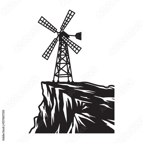 Black and white illustration of a windmill perched atop a cliff edge silhouette