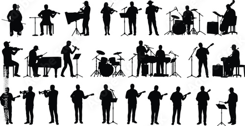 Silhouettes of musicians playing instruments and singing on stage, band performance, musical concert, live show, music event, isolated illustration