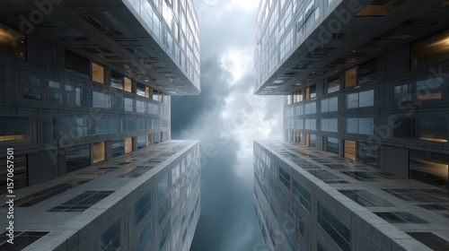 Urban duplex with mirrored glass soft matte graphite framing twilight lighting creating complex reflection patterns cinematic compositional balance