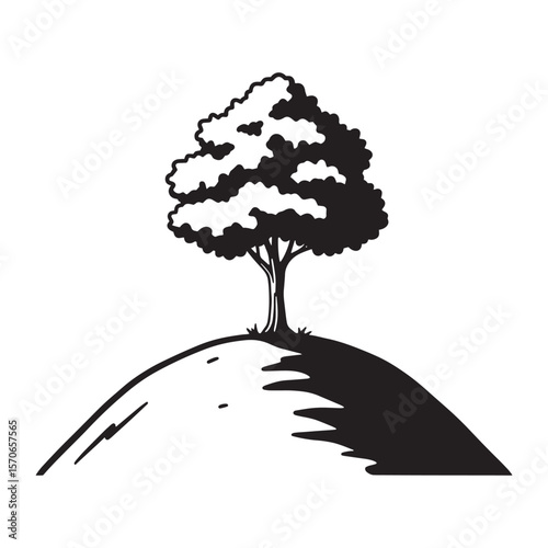 Black and white silhouette of a tree atop a hillside against a clean white backdrop
