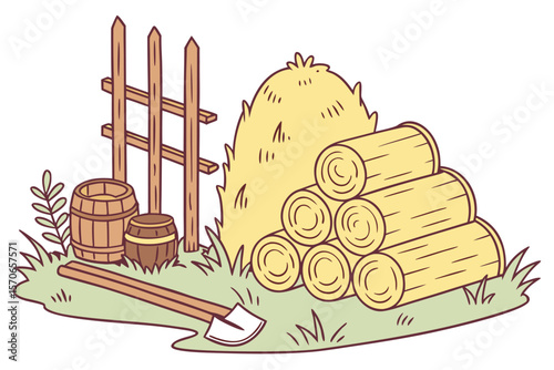  hay bale, wooden logs, hay stack, wooden blocks, hay pile