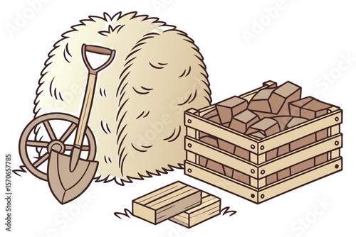  hay bale, wooden logs, hay stack, wooden blocks, hay pile