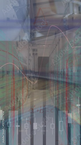 Animation of financial data processing and mathematical equations over businesswoman