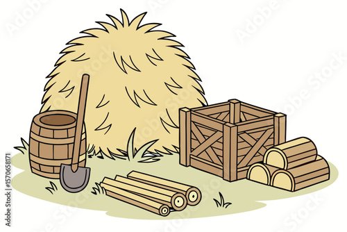  hay bale, wooden logs, hay stack, wooden blocks, hay pile