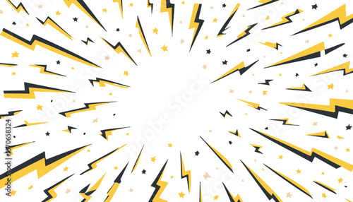 Lightning power cartoon vector background. Thunder bold abstract burst with halftone effect and speed lines. Comic book design template for poster. Explosion boom bright.action, blast, book, boom, 