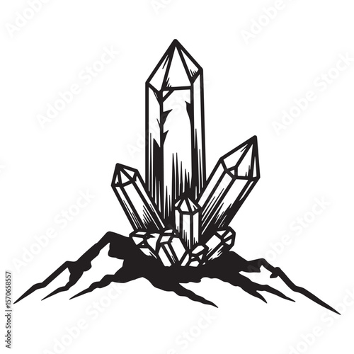 Detailed black and white illustration of sparkling crystals emerging from rock formation