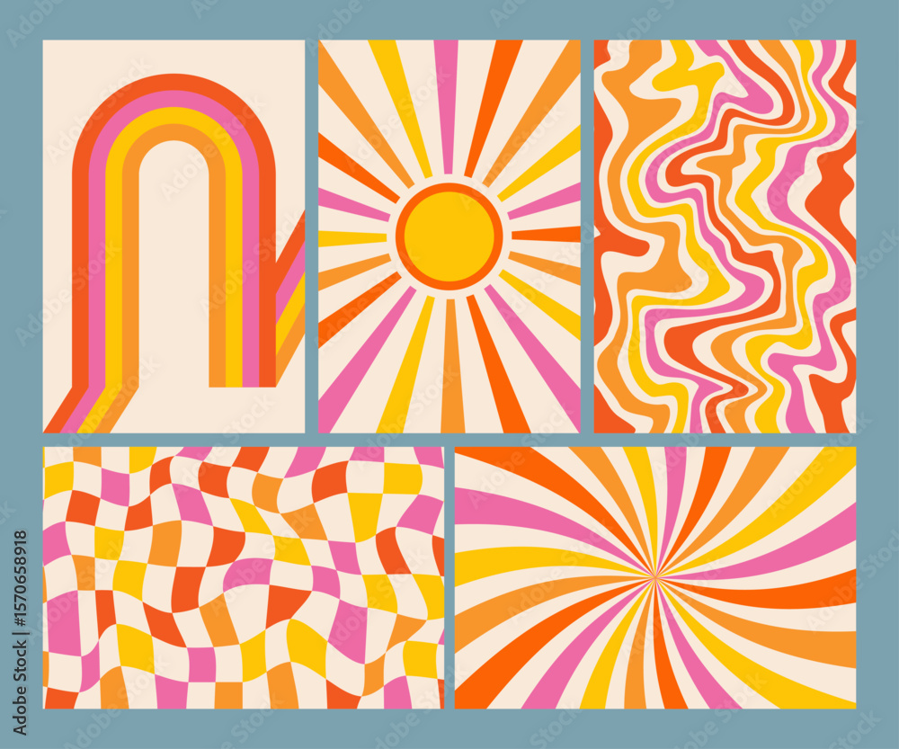 Retro patterns and groovy backgrounds. Abstract psychedelic vector design. Swirl and wavy 70s vintage graphic. Funky checkerboard summer illustrations set