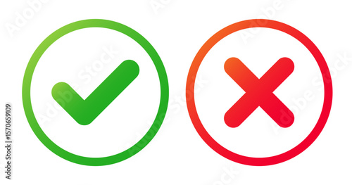 Green Check Mark and Red Cross Outline Icon for Approval and Rejection