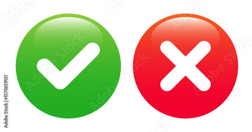 Green Check Mark and Red Cross Icon Set for Approval and Rejection