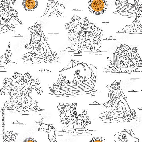 Greek Mythological Figures Perform Heroic Acts in a Seamless Pattern, showcasing mythological scenes, with a white background and linework, suitable for decorative purpose.