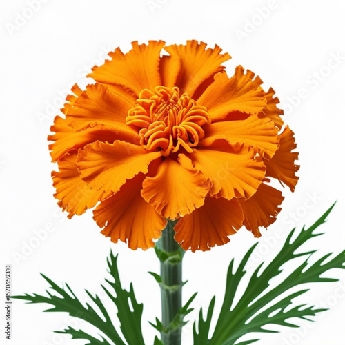 A close up shot of a bright orange marigold flower with green stem and leaves on a white background created with generated ai