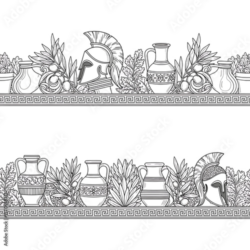 Ancient Greek Border Design: Depicts vintage pottery and helmet, in a decorative pattern, classical, vector illustration, black and white, with copy space.