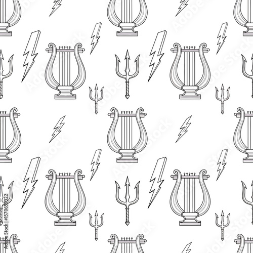 Greek Symbols Repeat: Lyres, tridents, and lightning bolts create a seamless pattern, providing ancient mythology imagery with vector illustration style.