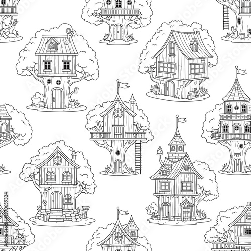 Whimsical treehouses repeat, creating a fairy-tale pattern, digitally drawn with a storybook mood and coloring page style.