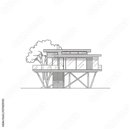 Minimalist house blueprint showcases modern design, featuring elevated structure, architectural drawing, clean lines, tree integration, with copy space.