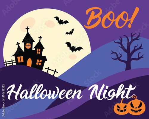 halloween, pumpkin, tree, vector, autumn, night, illustration, moon, bat, holiday, design, silhouette, horror, scary, dark, october, black, spooky, orange, nature, celebration, frame, cartoon, art