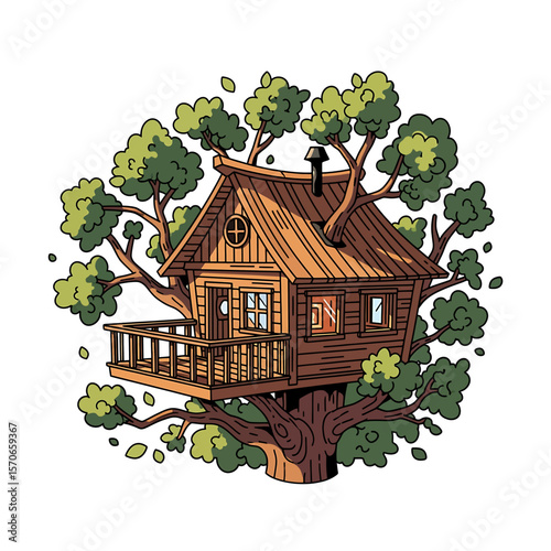 Whimsical treehouse illustration features a wooden house among foliage, creating a playful atmosphere, perfect for children's books with a hand-drawn style.