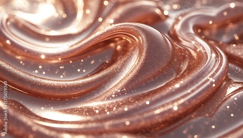 Close up of swirling rose gold liquid with shimmering glitter particles and soft bokeh lights