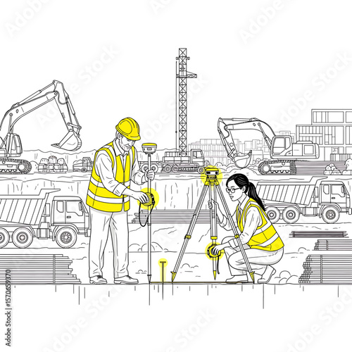 Surveyors measure elevations on construction site using modern equipment, emphasizing precision and technology in infrastructure projects, illustration, with copy space.
