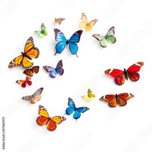 Assortment of colorful butterflies displayed against a bright white background in a circular arrangement created with generated ai