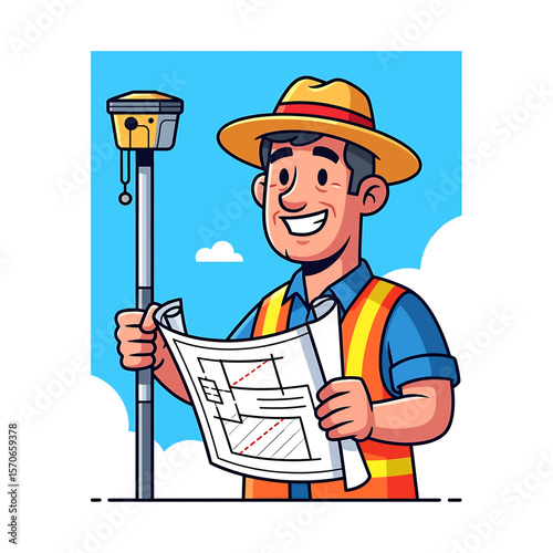 Surveyor Reviews Blueprint Plans Outdoors, illustrating precision in surveying with a GPS device, teamwork concept, professional focus, and clean vector graphic style.
