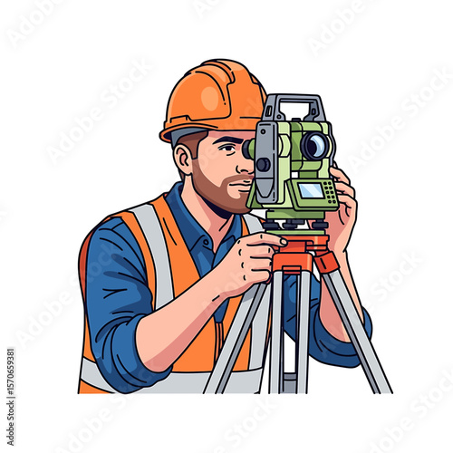 Surveyor measures with total station, depicting precision work in a construction setting with digital illustration and close-up view.