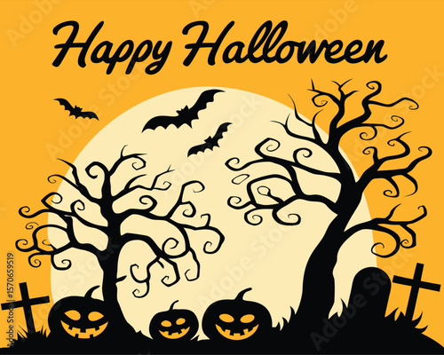 halloween, pumpkin, tree, vector, autumn, night, illustration, moon, bat, holiday, design, silhouette, horror, scary, dark, october, black, spooky, orange, nature, celebration, frame, cartoon, art