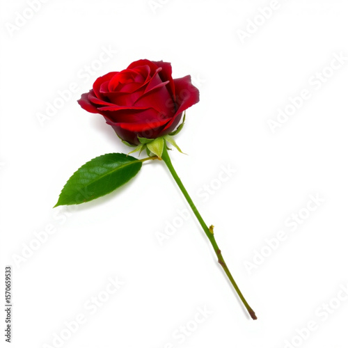 A single dark red rose with a green leaf isolated on a white background in a studio setting view created with generated ai