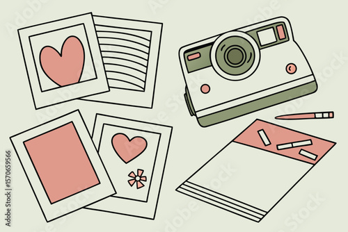  photo frame, instant camera, photo album, scrapbook, polaroid, sticker frame, heart sticker, clipping, collage, green background