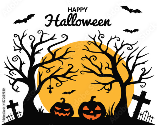 halloween, pumpkin, tree, vector, autumn, night, illustration, moon, bat, holiday, design, silhouette, horror, scary, dark, october, black, spooky, orange, nature, celebration, frame, cartoon, art