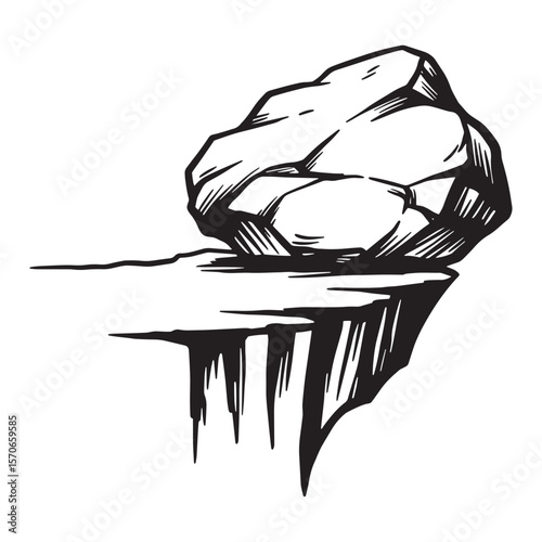 Hand drawn illustration of a cliff edge with a large boulder in black and white style