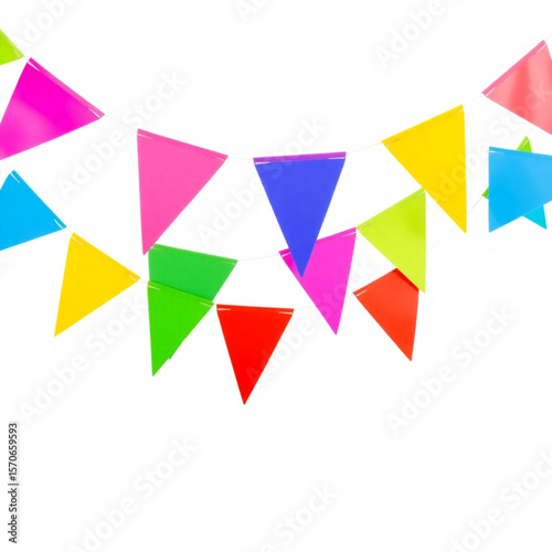 Colorful triangular party flags strung across the top of a white background for a festive celebration created with generated ai