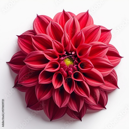 A close up shot of a vibrant red dahlia flower with layered petals and a yellow center on white background created with generated ai