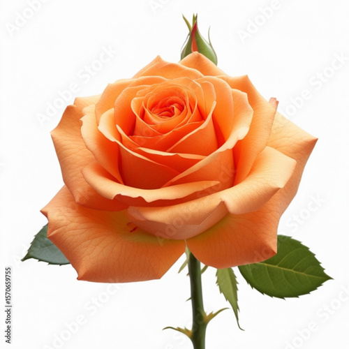 A captivating close up of a peach colored rose in full bloom with a bud and green leaves against white created with generated ai