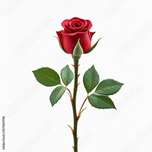 A single red rose with green leaves and stem on a white background in a vertical composition view created with generated ai