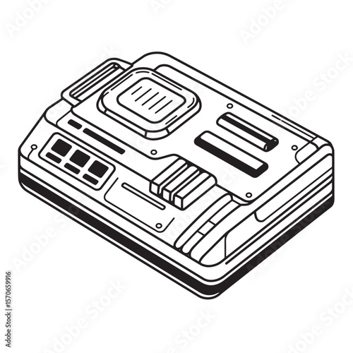 Isometric view illustration of a futuristic technological device with black outlines and details