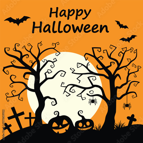 halloween, pumpkin, tree, vector, autumn, night, illustration, moon, bat, holiday, design, silhouette, horror, scary, dark, october, black, spooky, orange, nature, celebration, frame, cartoon, art